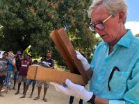 And Chris opens the antique aboriginal artifacts that he contributed to the local museum