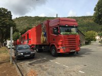 The duo were not the only ones making a move. A visiting circus heads off. Huge convoy that had trouble crossing the road