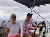 At the helm whilst the skipper and First Mate handle the sails (Code zero as low winds) : Pauline Turnbull