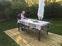 13th - quiet lunch on the new temporary terrace keeps feet free of mud.