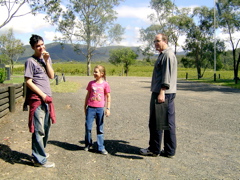 Mt Pleasant in the background 9as in Mc Williams wine), the team check out a vineyard or two